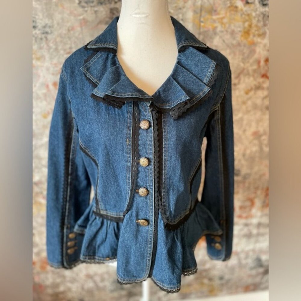 THE PARAGON Blue “Cotton Diva” Denim Peplum Jacket with Black Lace Edging.